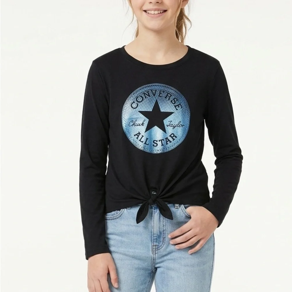 Converse Girls Black Long Sleeve Front Tie Graphic Logo Top 12/14  XL